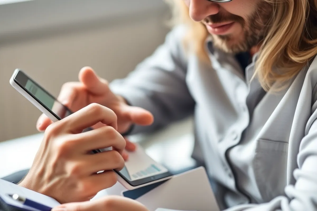 Business owner comparing bank account features on a tablet and notepad