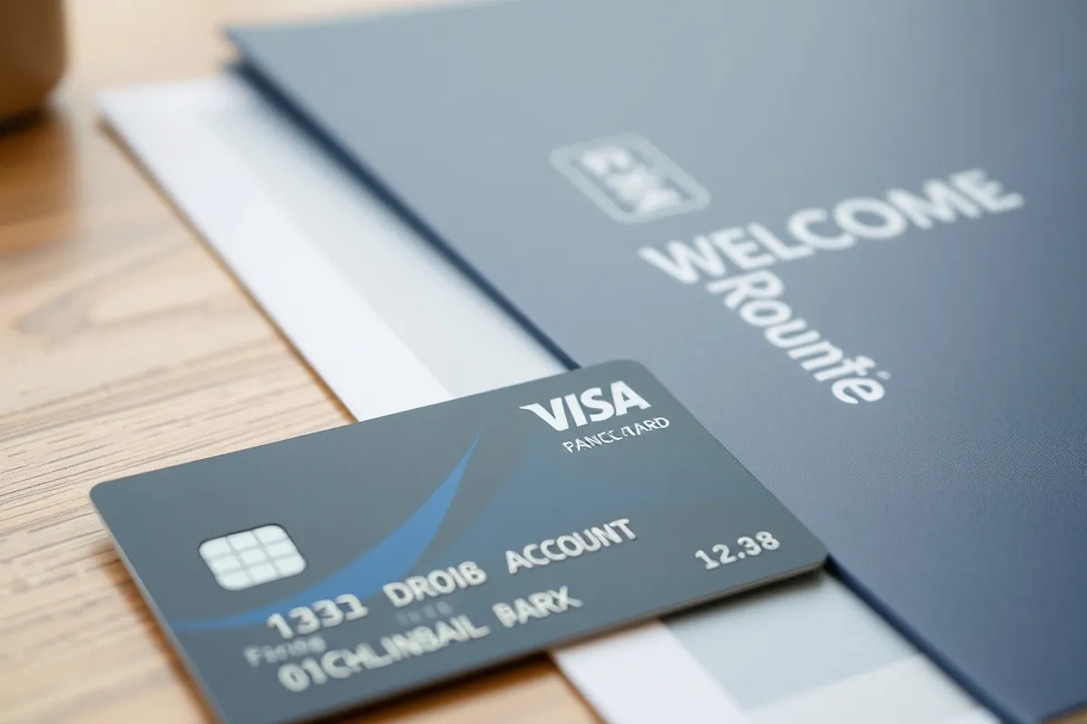 Close-up of a bank card and business account welcome folder on a desk