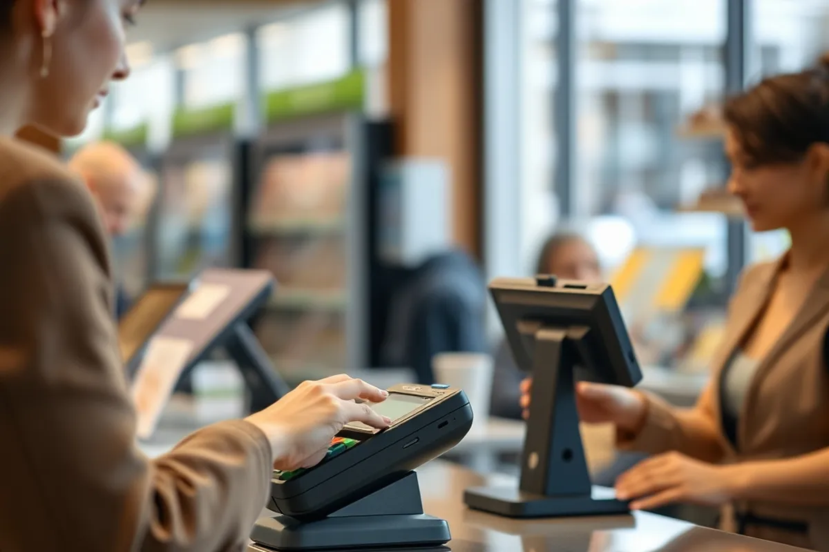 Retail counter with a card terminal and a customer paying
