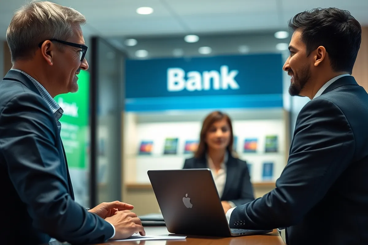 Bank branch interior with a customer speaking to an adviser at a desk