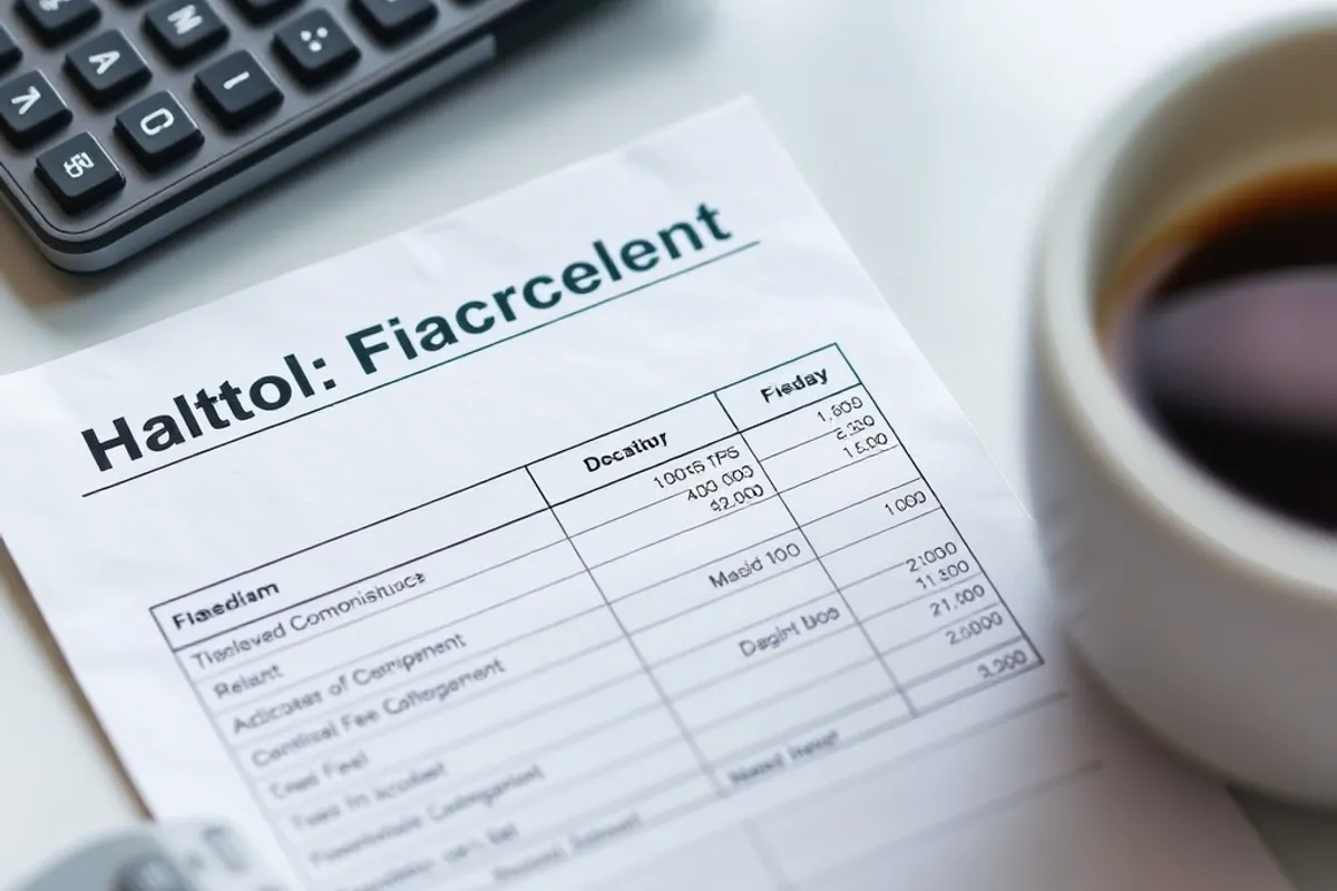 Printed bank fee schedule beside a calculator and coffee cup