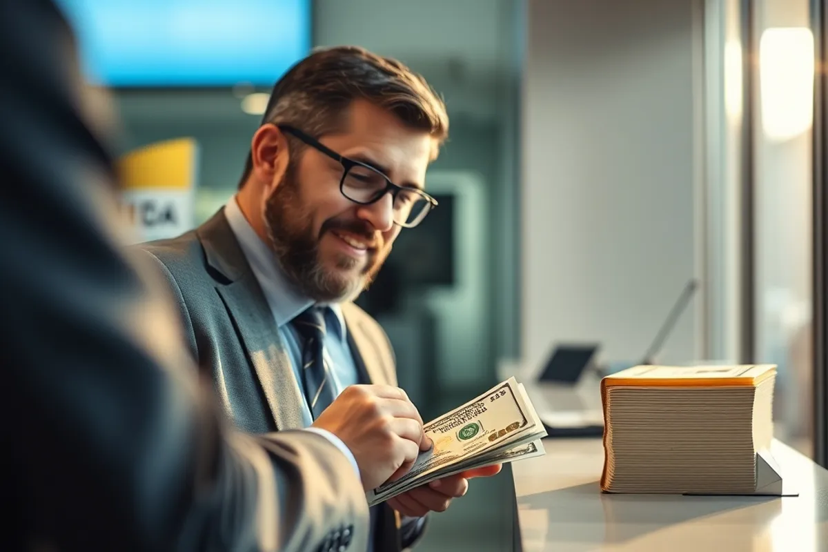Business owner depositing cash at a bank counter