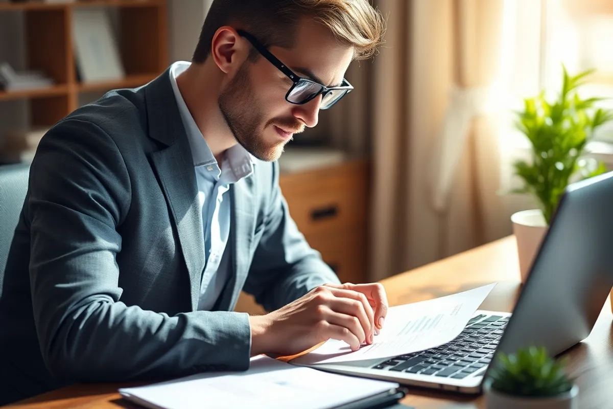 Small business owner reviewing cash flow figures at a wooden desk with a laptop
