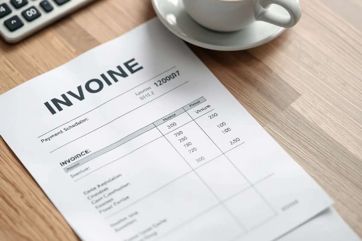 Invoice and payment schedule laid out beside a calculator and a cup of coffee
