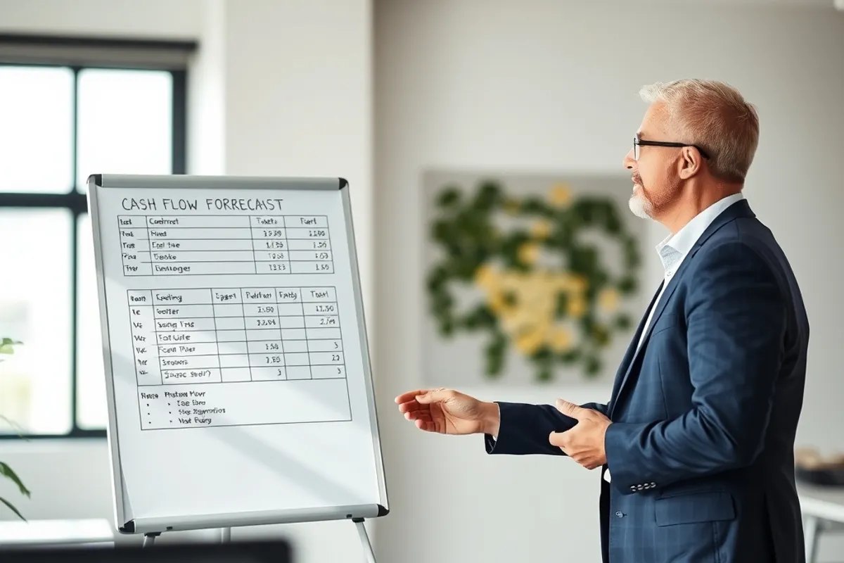 Two colleagues discussing a cash flow forecast on a whiteboard in a bright office