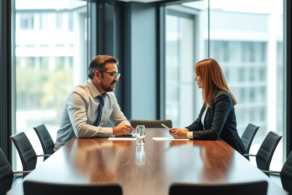Business owner meeting a bank adviser across a modern conference table