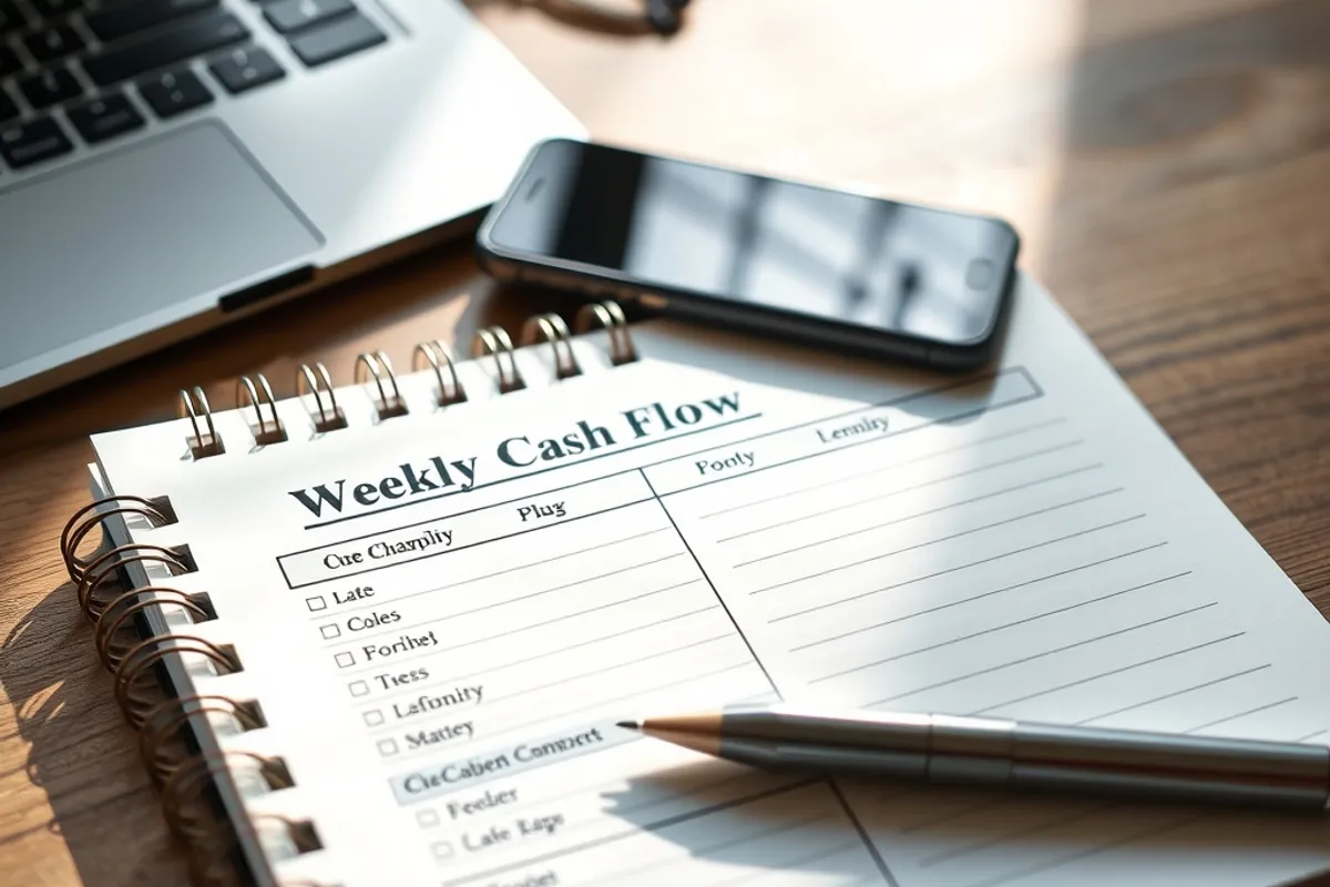 Notebook showing a weekly cash flow checklist beside a laptop and phone
