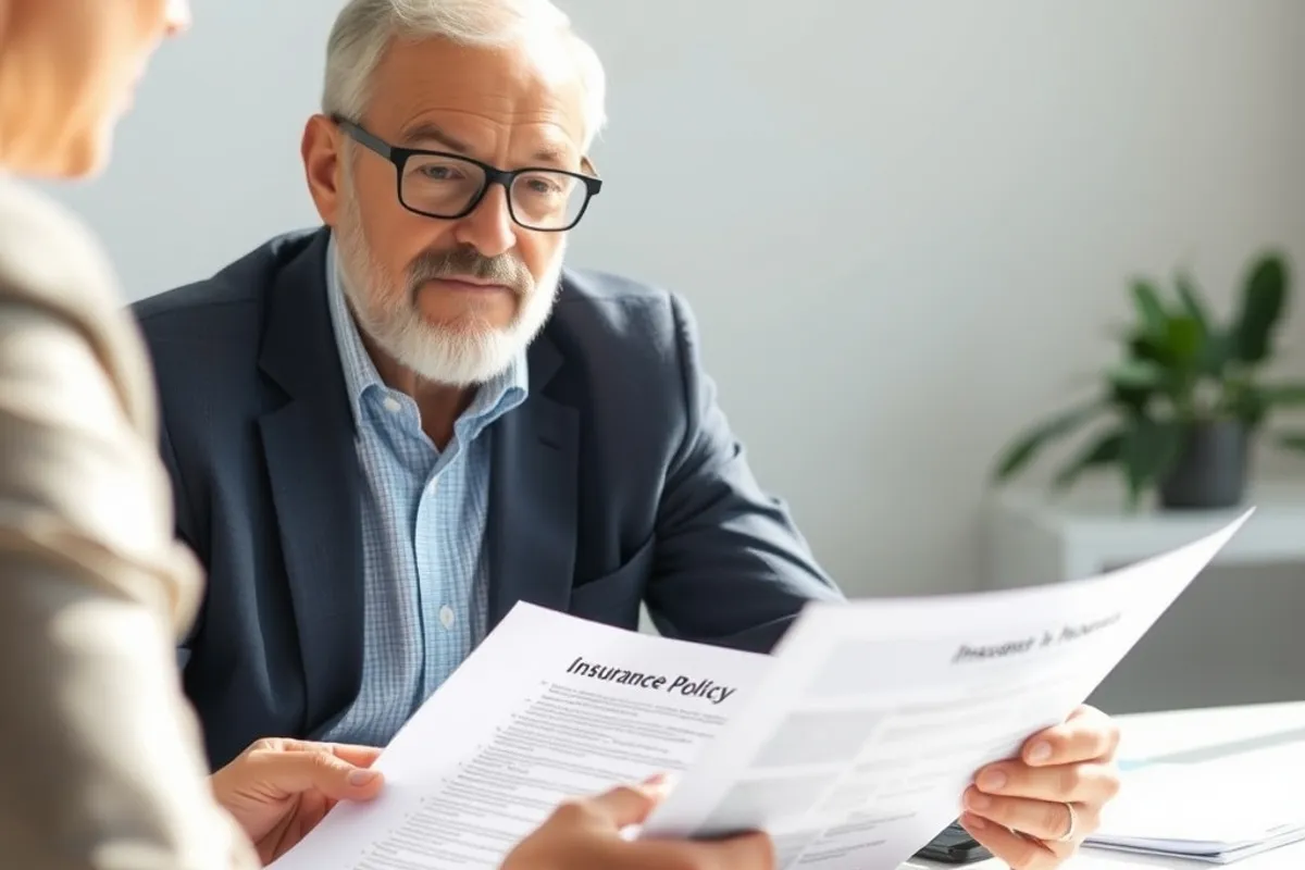 Small business owner reviewing an insurance policy document with an adviser