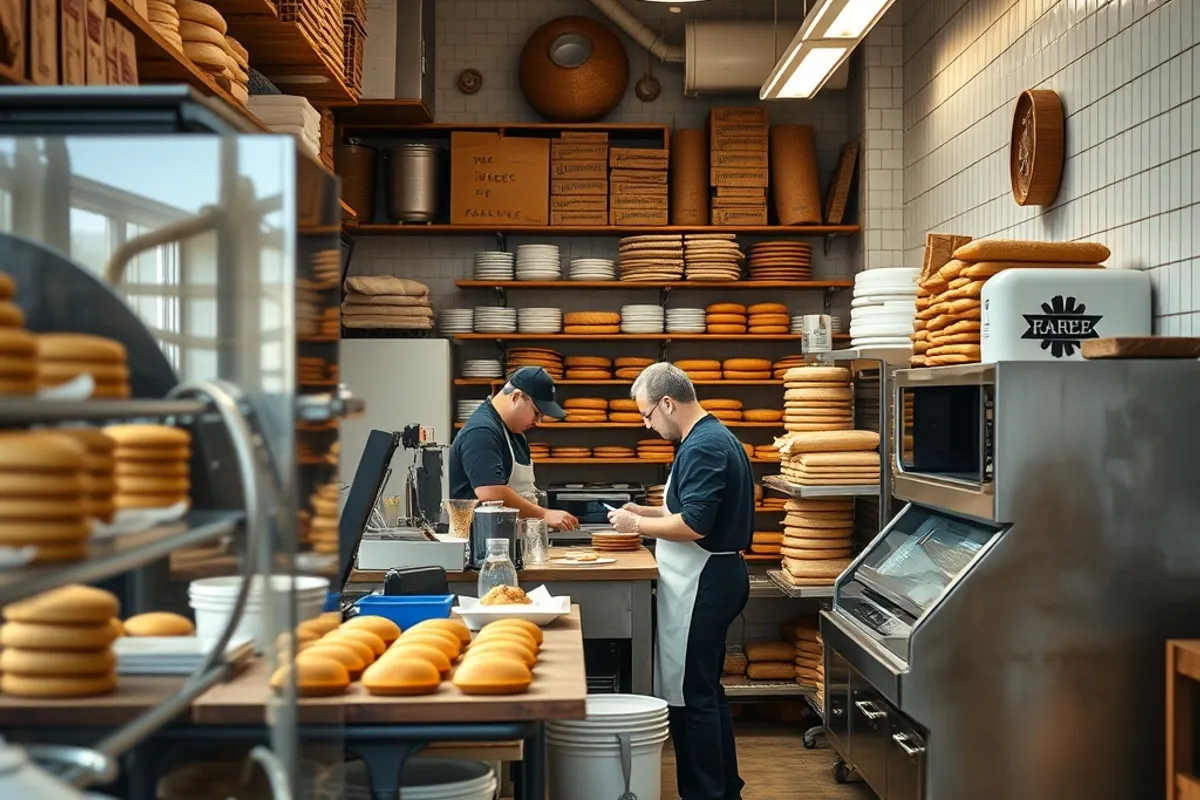 Bakery interior with equipment and staff working during a normal business day