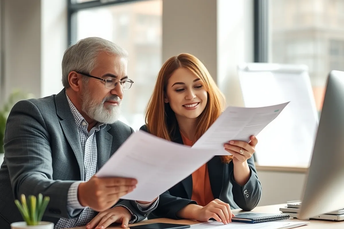 Business owner and accountant comparing renewal quotes in a bright office