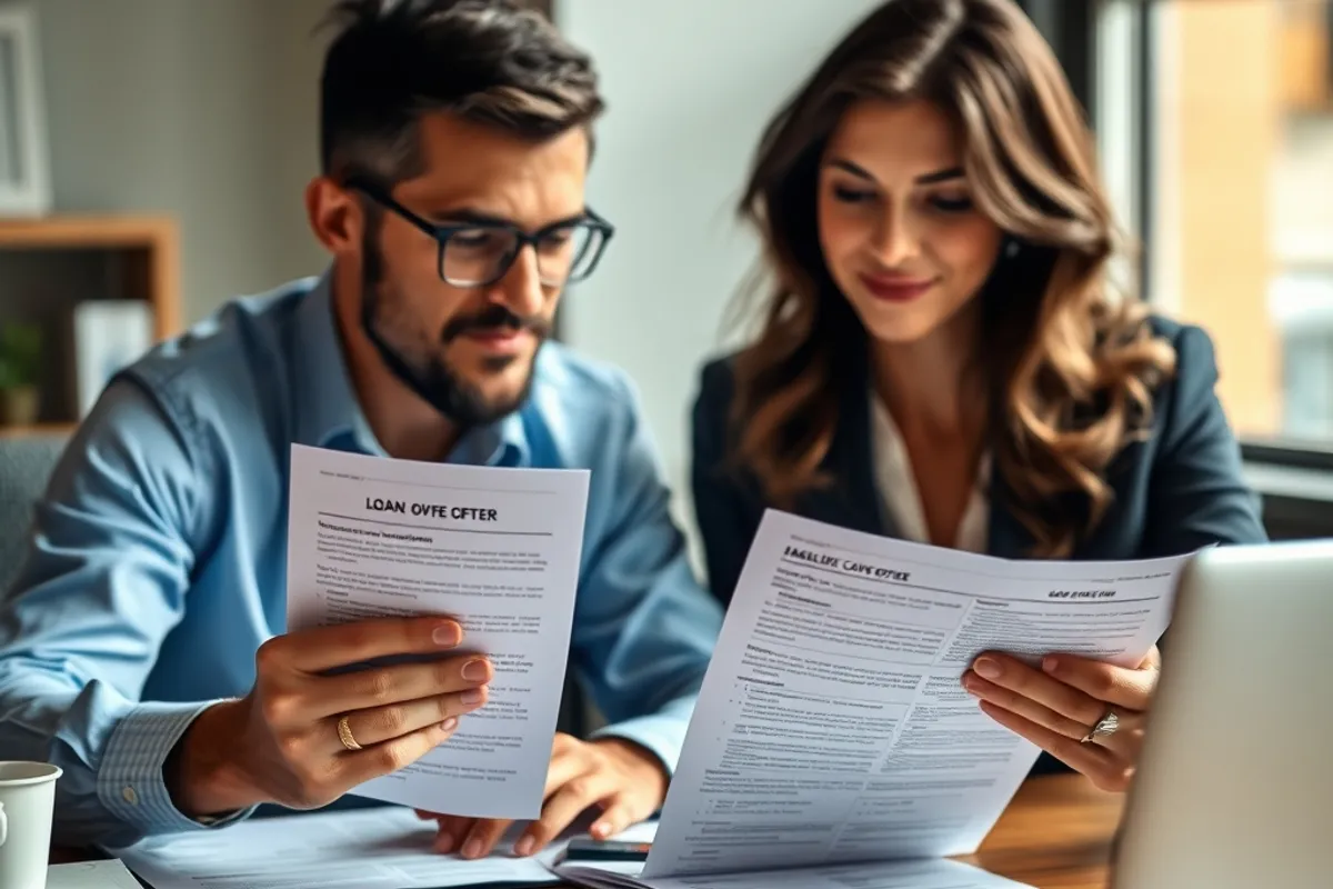 Business owner comparing two loan offers side by side at a desk