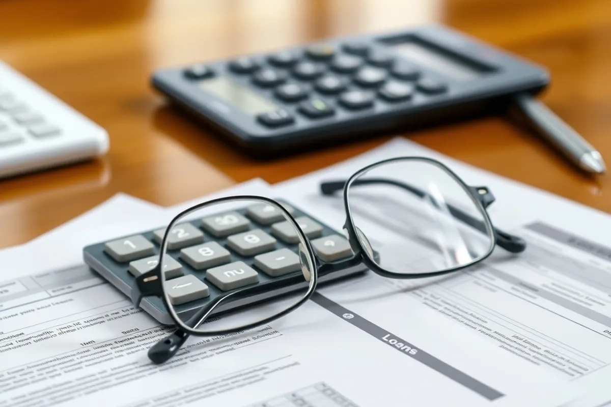 Loan documents, calculator and reading glasses on a polished table