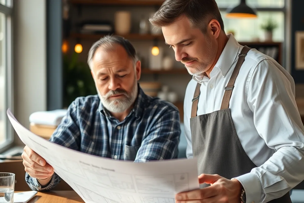 Restaurant owner reviewing renovation plans with a contractor