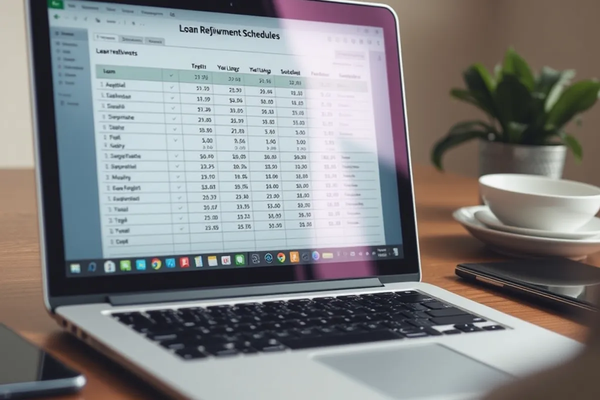 Spreadsheet showing loan repayment schedules on a laptop screen