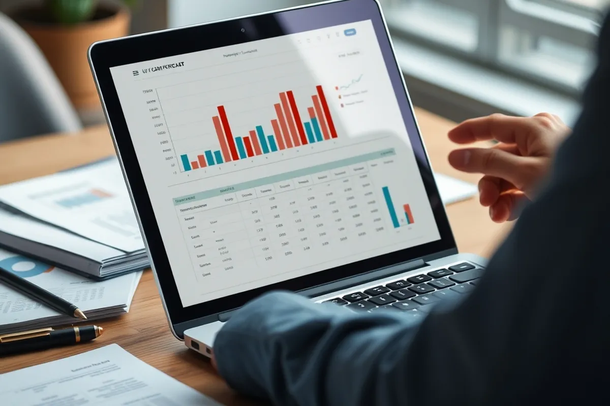 Accountant building a cash flow forecast on a laptop with printed reports nearby