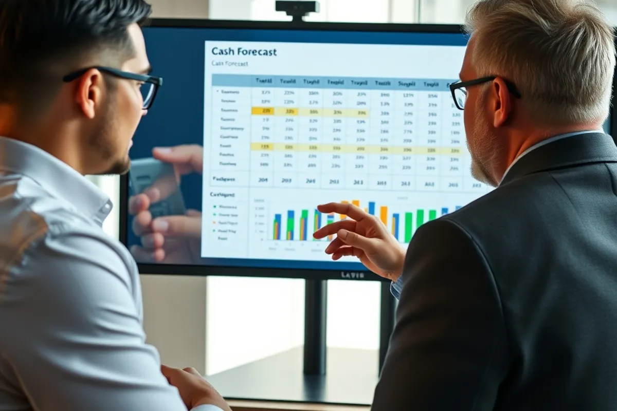 Business partners reviewing a 13-week cash forecast on a large screen