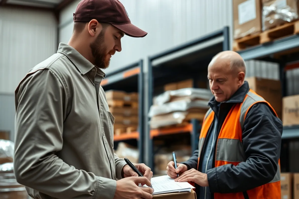 Supplier delivering stock to a small warehouse while an owner signs paperwork