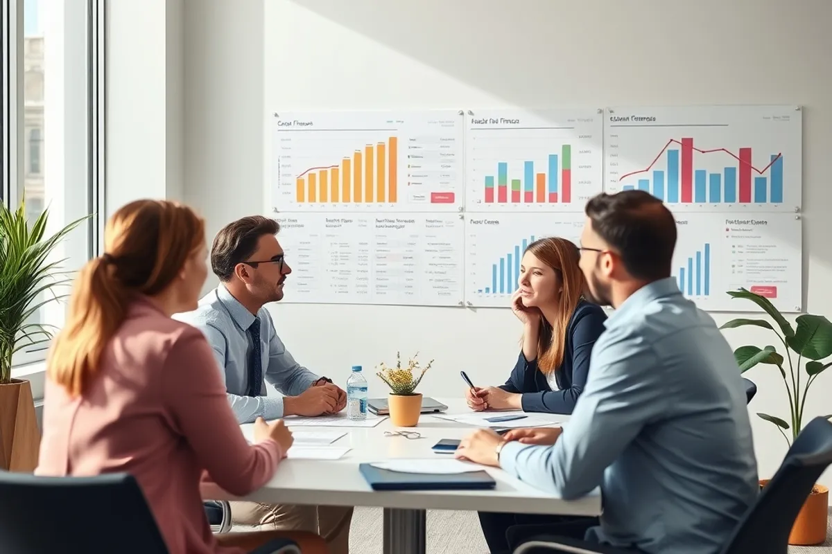 Monthly finance review meeting in a bright office with charts on the wall