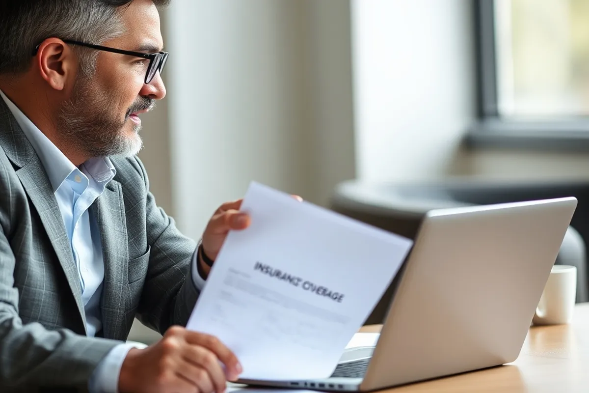 Business owner and insurance adviser reviewing liability coverage on a laptop