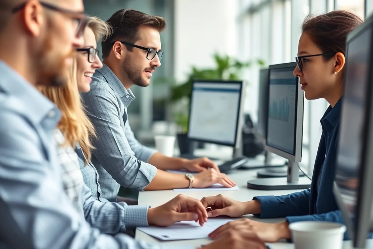 Office team handling customer data on computers in a modern workspace