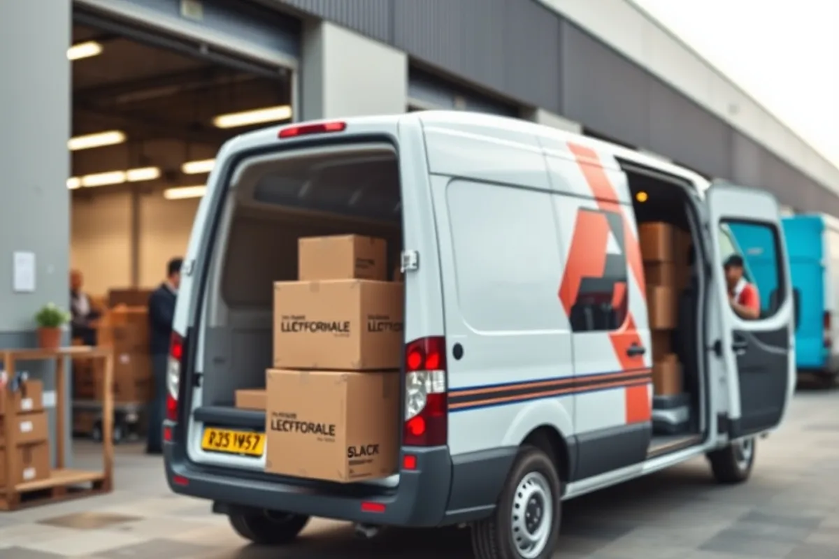 Delivery van parked outside a small warehouse with staff loading boxes