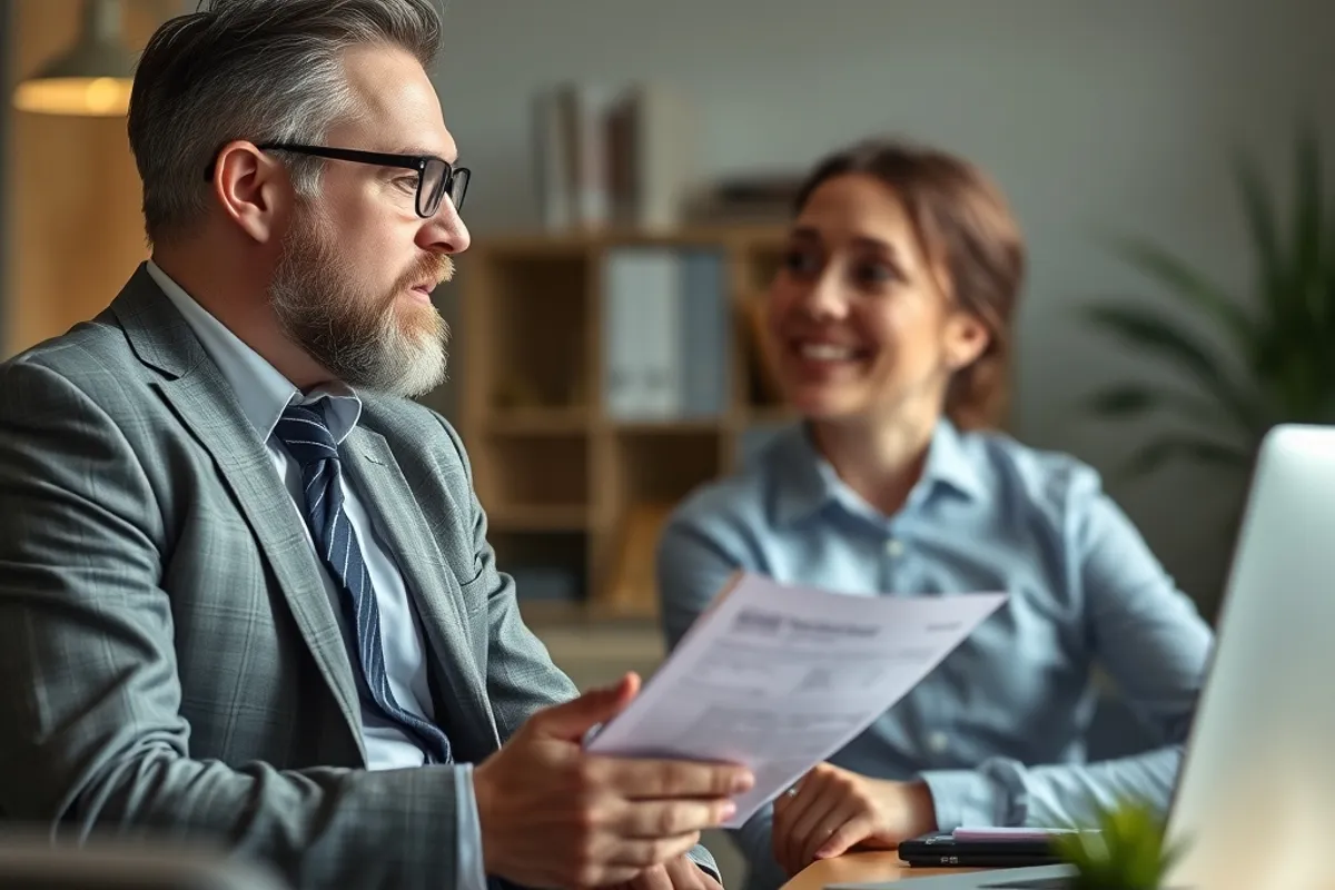 Business owner and lender discussing a small business loan in an office