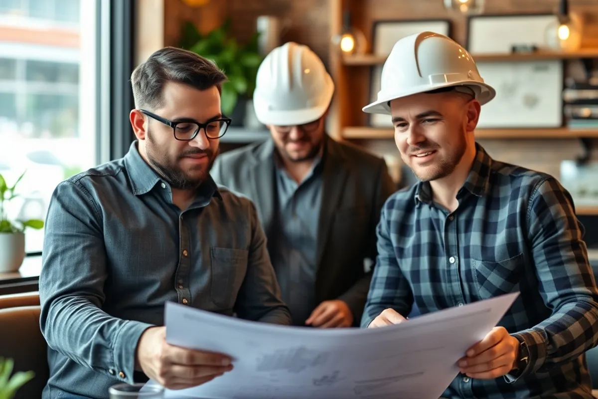 Cafe owner reviewing expansion plans with a contractor and architect