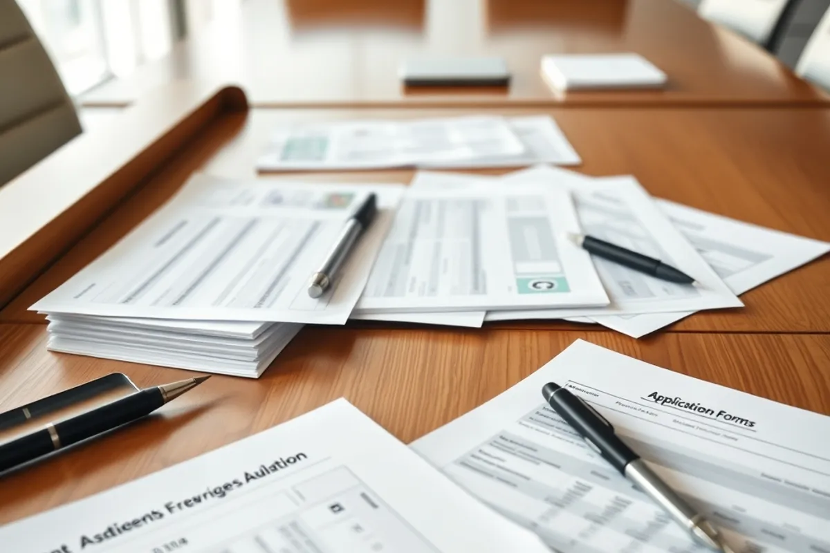 Application forms and financial statements arranged on a conference table
