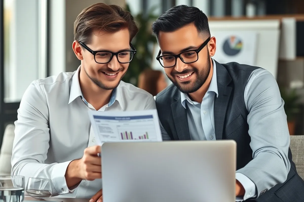 Two business partners reviewing a funding comparison on a laptop