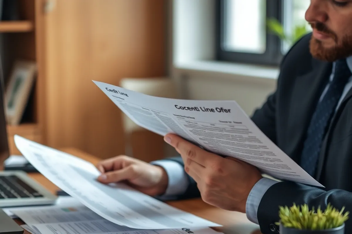 Business owner comparing credit line offers at a desk with printed statements