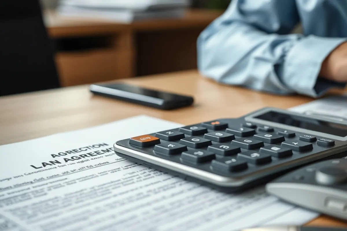 Close-up of a loan agreement and calculator on a clean office table