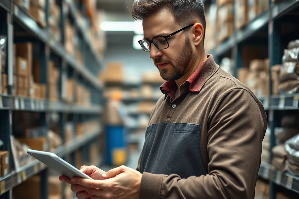 Small shop owner checking inventory with a tablet in a stockroom