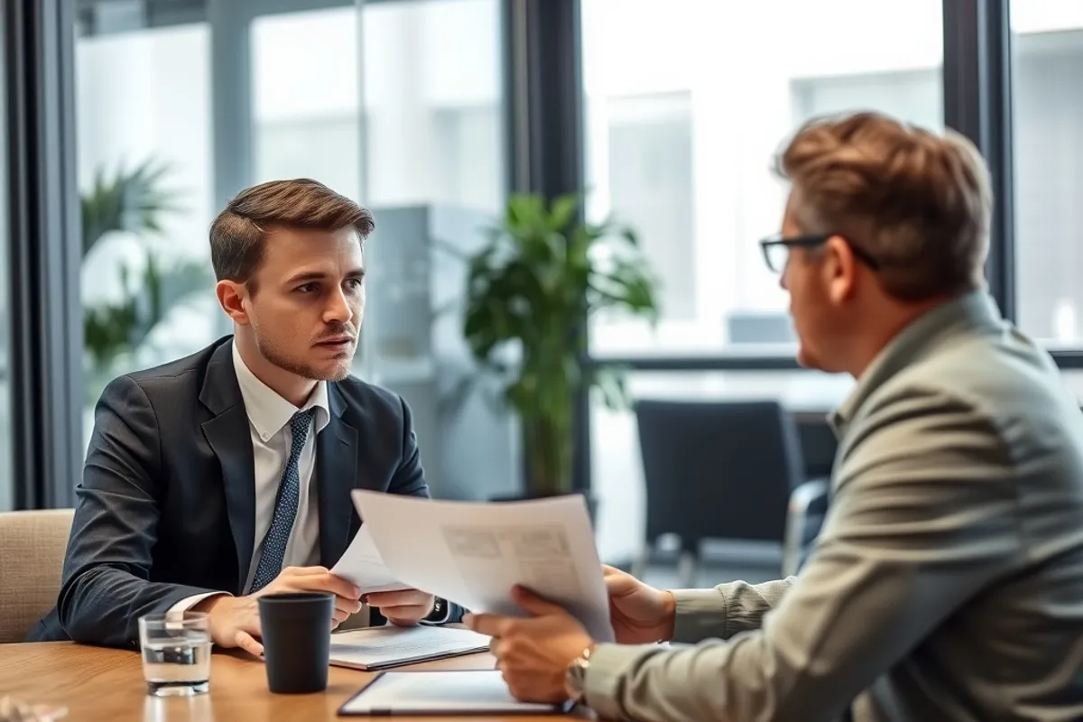 Accountant explaining credit facility terms to a client in a bright meeting room