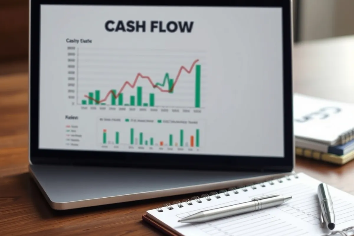 Laptop showing a cash flow chart beside a notepad and pen