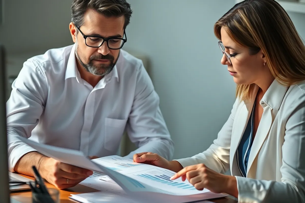 Business owner and accountant reviewing monthly financial reports at a desk