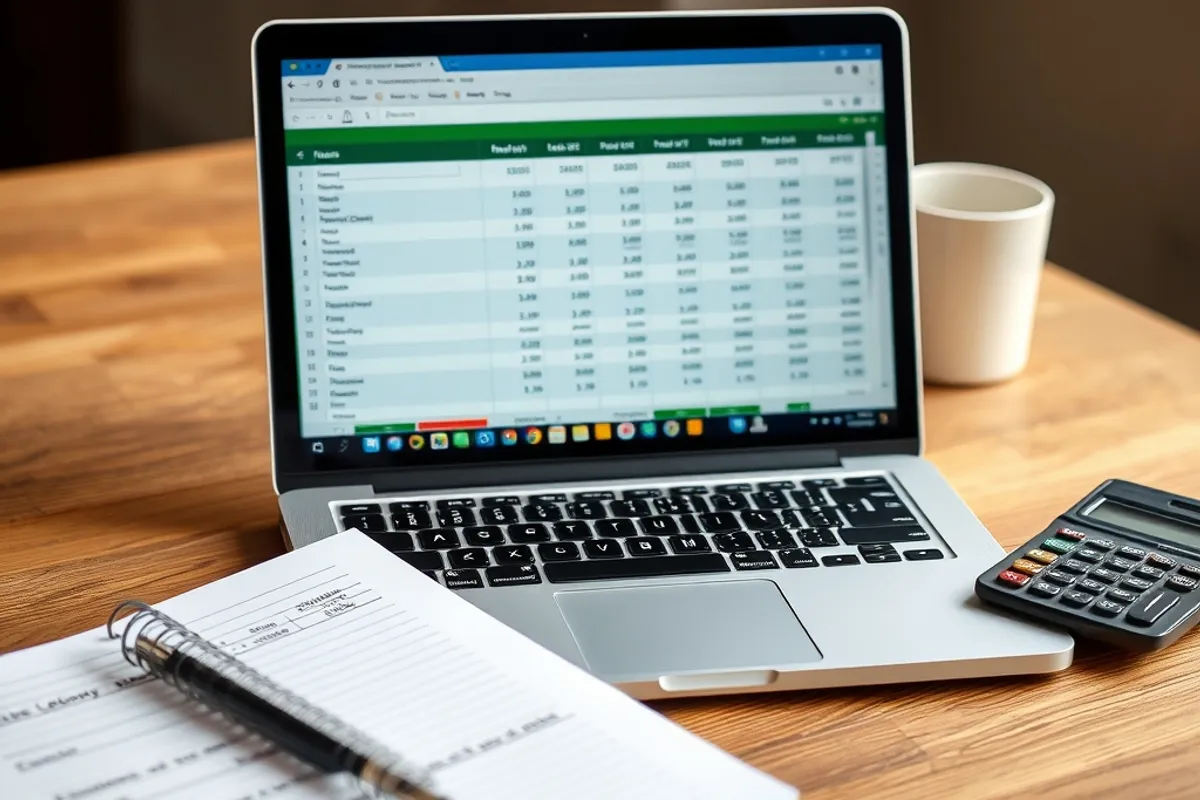 Laptop displaying a budgeting spreadsheet beside a notebook and calculator