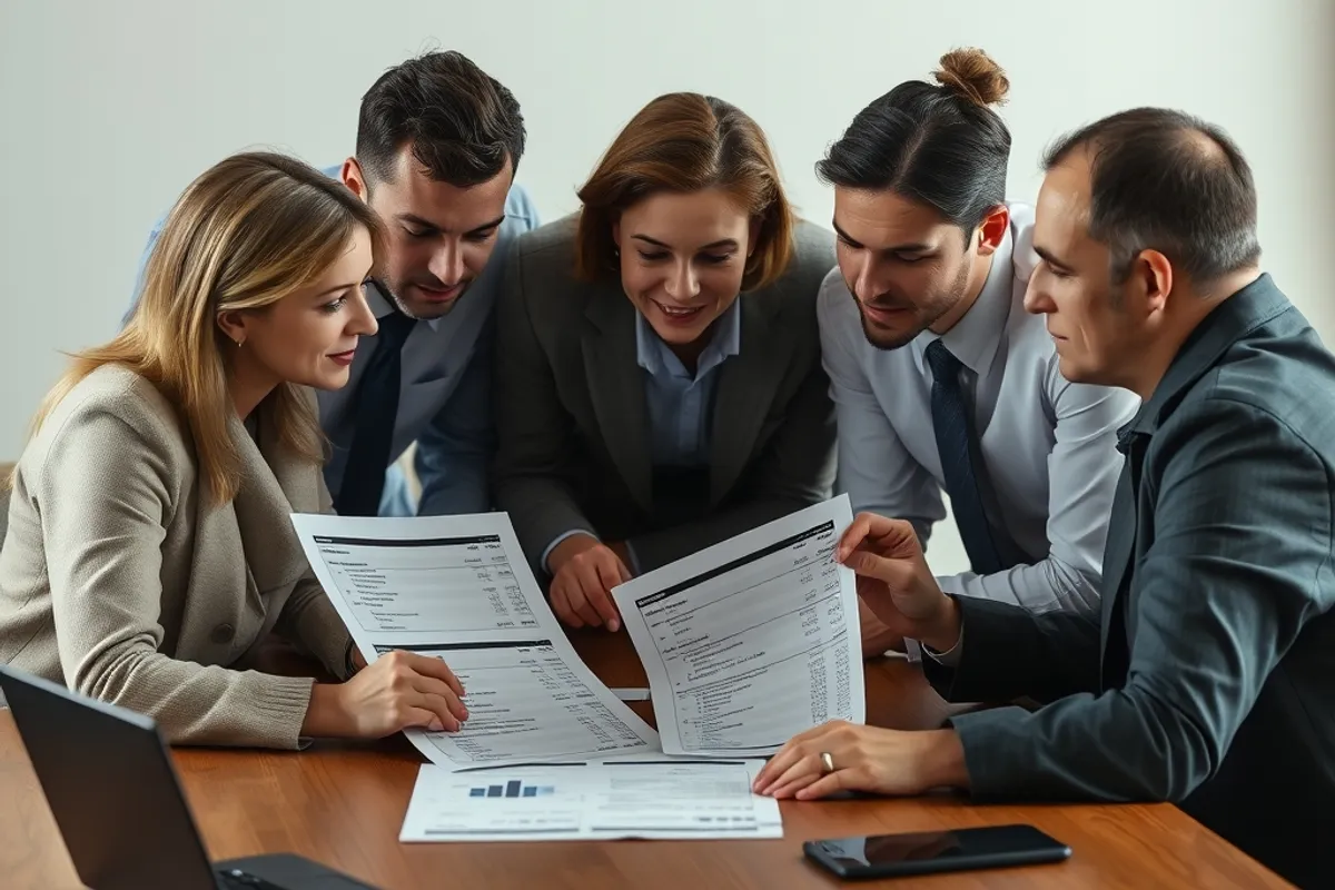 Team meeting around a table reviewing a printed profit and loss statement