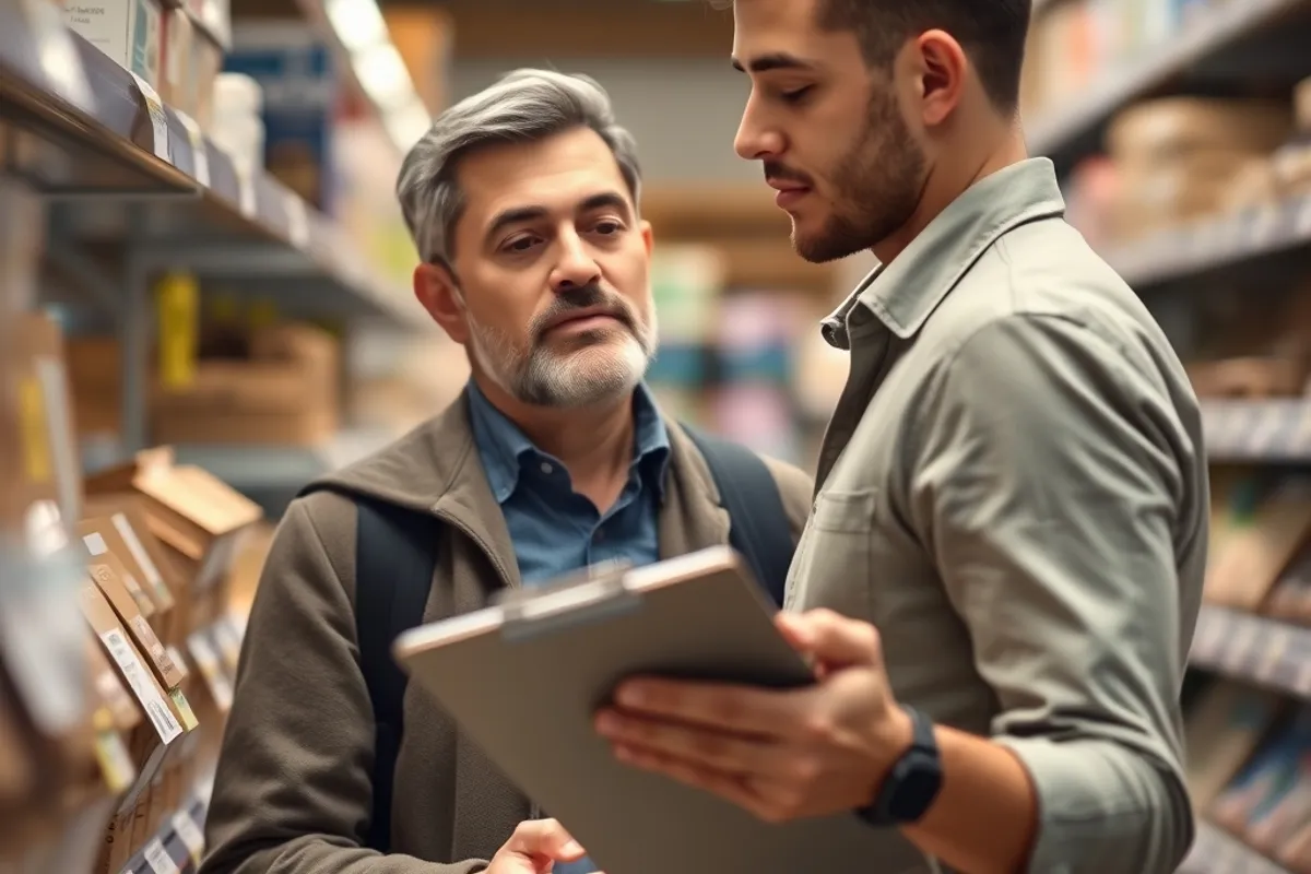 Small retail owner checking stock levels with a clipboard in a store