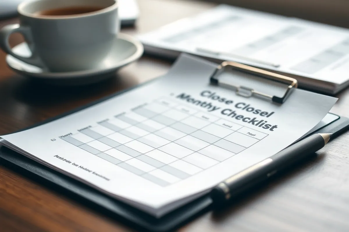 Monthly close checklist printed on a desk with a pen and coffee